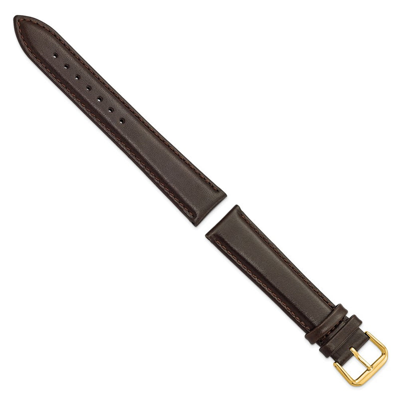 20mm Long Dark Brown Smooth Leather Gold-tone Buckle Watch Band