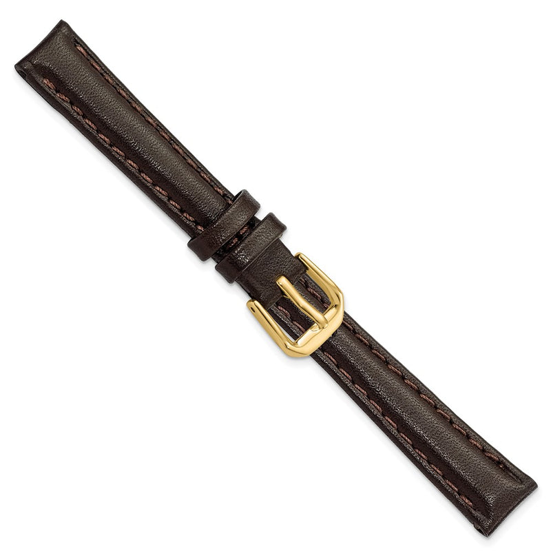 12mm Short Dark Brown Smooth Leather Gld-tone Buckle Watch Band