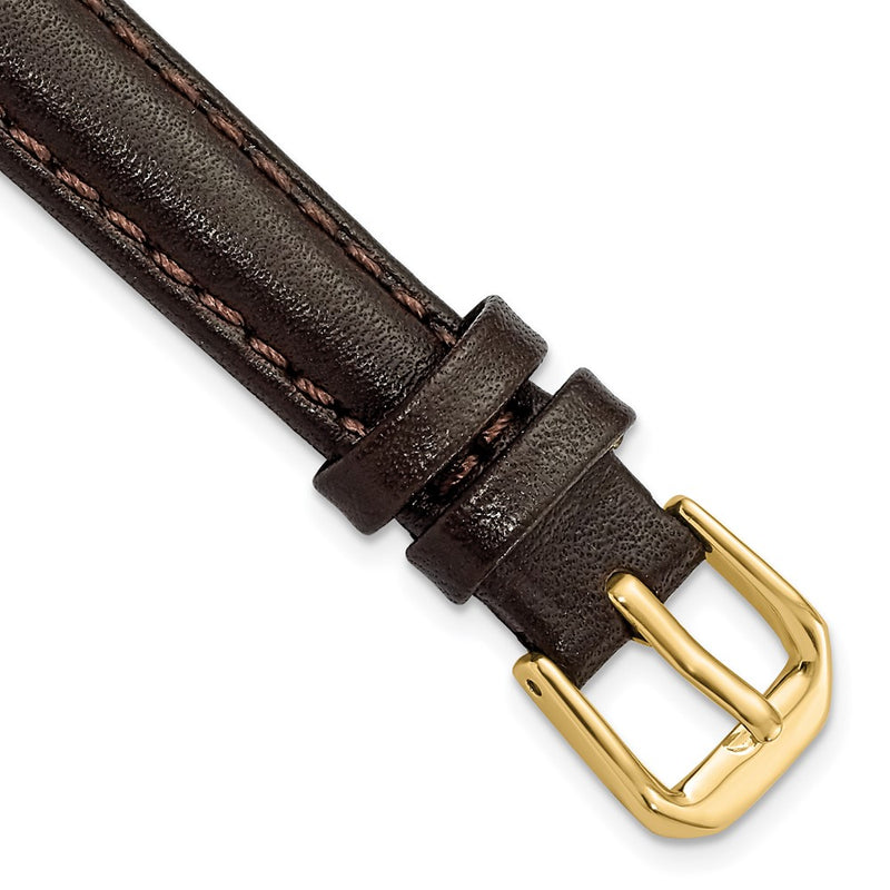 12mm Short Dark Brown Smooth Leather Gld-tone Buckle Watch Band