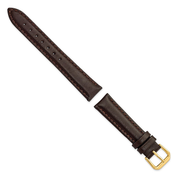 16mm Short Dark Brown Smooth Leather Gld-tone Buckle Watch Band