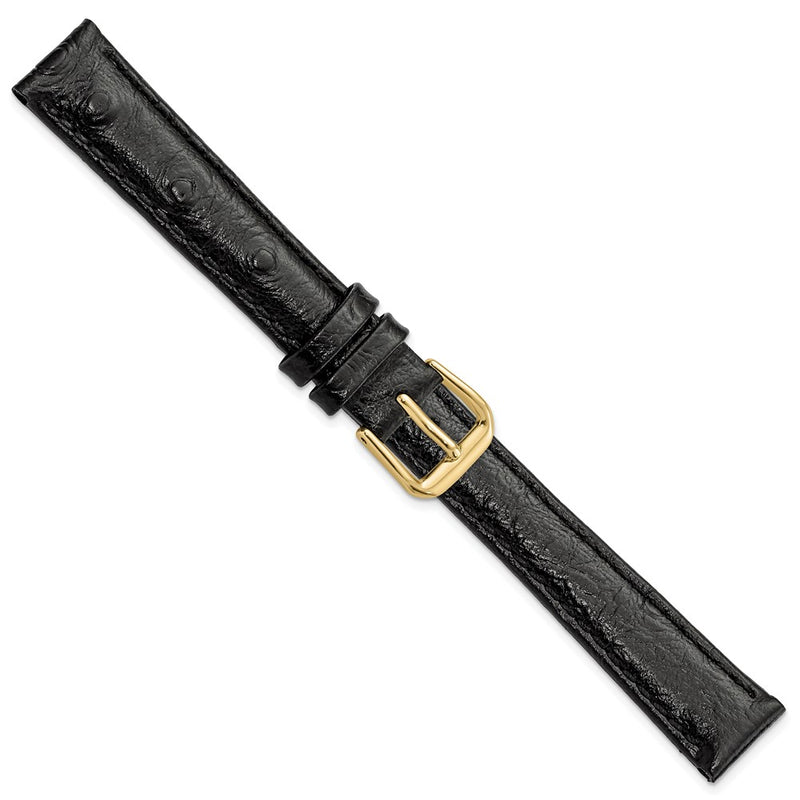 DeBeer 14mm Black Ostrich Grain Leather with Gold-tone Buckle 6.75 inch Watch Band