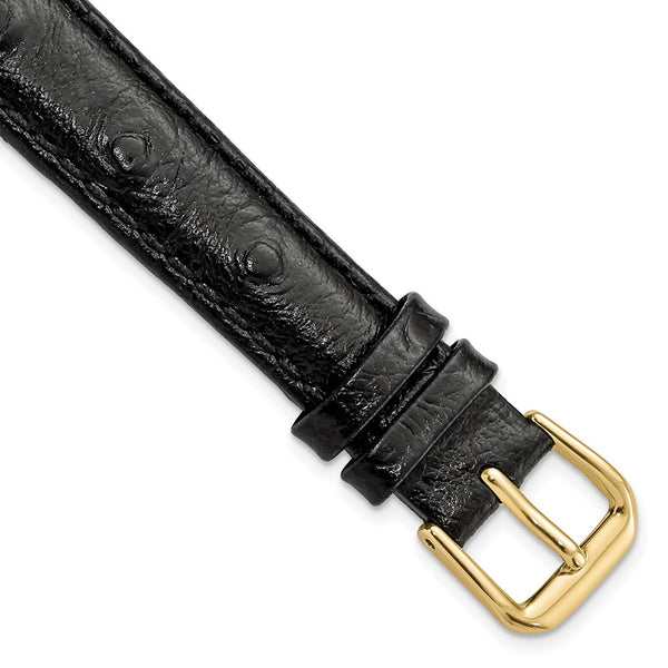 14mm Black Ostrich Grain Leather Gold-tone Buckle Watch Band