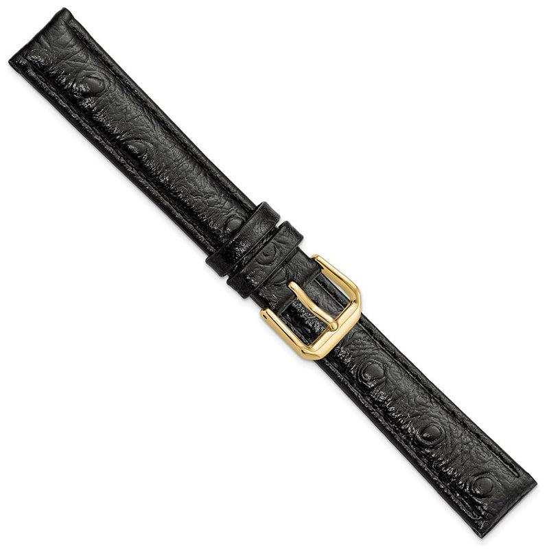 DeBeer 16mm Black Ostrich Grain Leather with Gold-tone Buckle 7.5 inch Watch Band