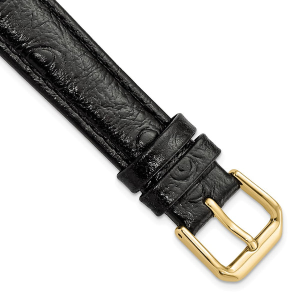 16mm Black Ostrich Grain Leather Gold-tone Buckle Watch Band