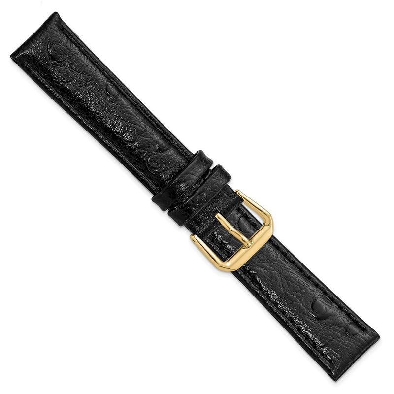 DeBeer 18mm Black Ostrich Grain Leather with Gold-tone Buckle 7.5 inch Watch Band