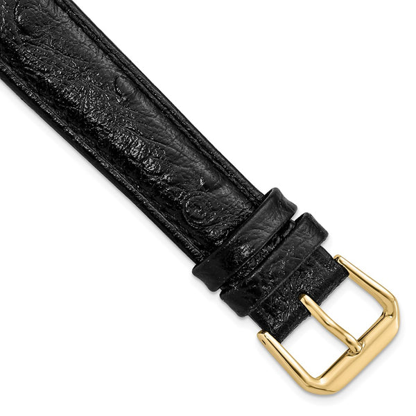 DeBeer 18mm Black Ostrich Grain Leather with Gold-tone Buckle 7.5 inch Watch Band