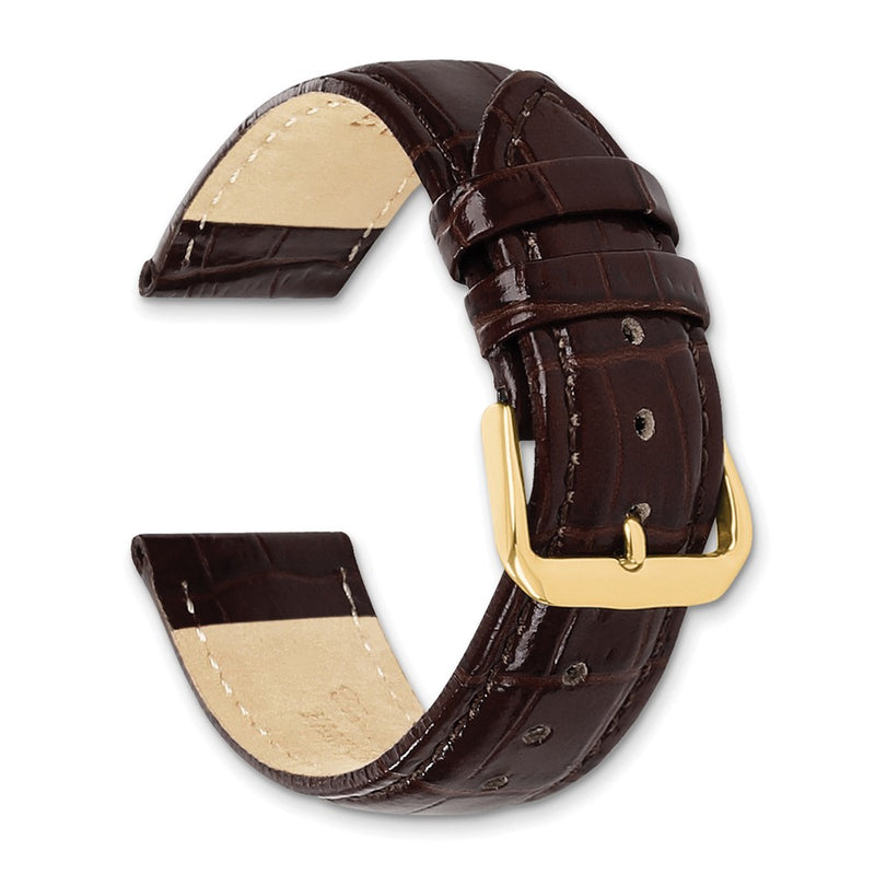 DeBeer 20mm Brown Crocodile Grain Leather with Dark Stitching and Gold-tone Buckle 7.5 inch Watch Band