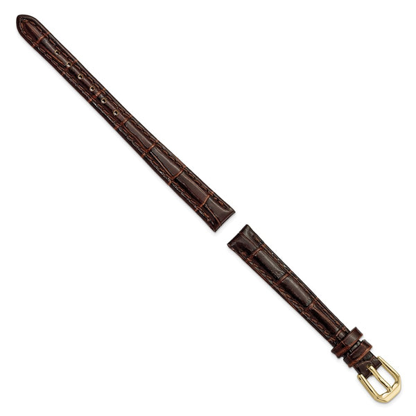 DeBeer 10mm Brown Crocodile Grain Leather with Dark Stitching and Gold-tone Buckle 6.75 inch Watch Band
