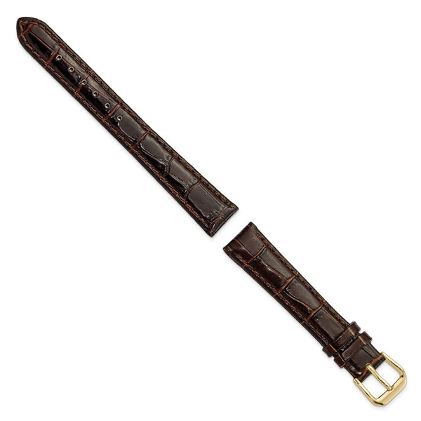 DeBeer 14mm Brown Crocodile Grain Leather with Dark Stitching and Gold-tone Buckle 6.75 inch Watch Band