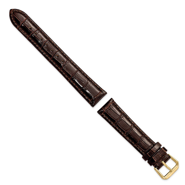 DeBeer 18mm Brown Crocodile Grain Leather with Dark Stitching and Gold-tone Buckle 7.5 inch Watch Band