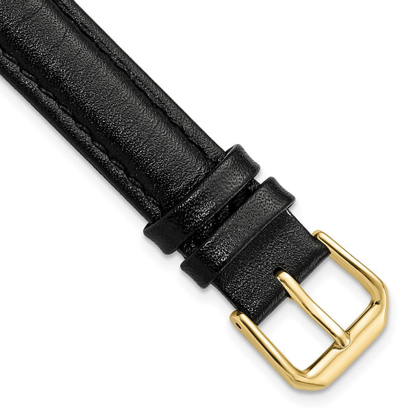 16mm Extra Long Black Smooth Leather Gold-tone Watch Band