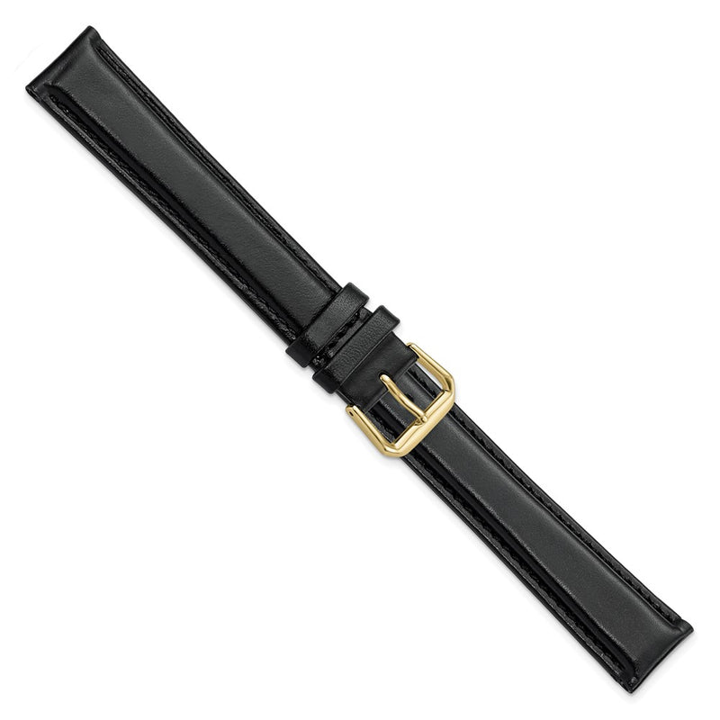 18mm Extra Long Black Smooth Leather Gold-tone Watch Band