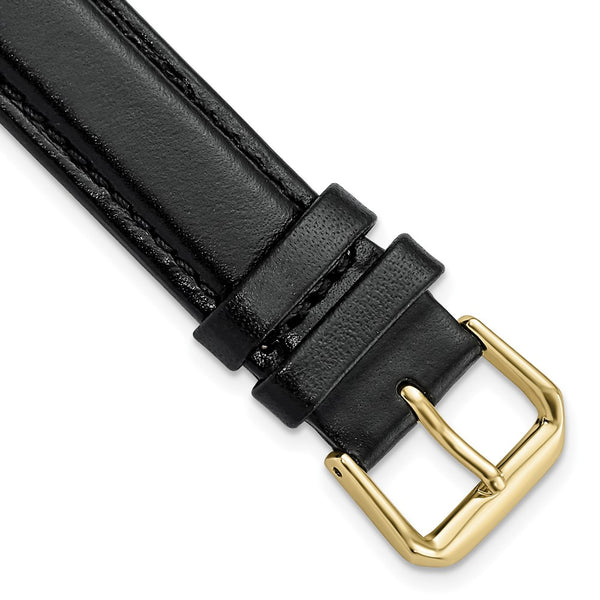 18mm Extra Long Black Smooth Leather Gold-tone Watch Band