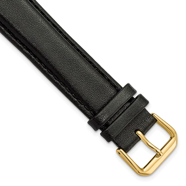 20mm Extra Long Black Smooth Leather Gold-tone Watch Band