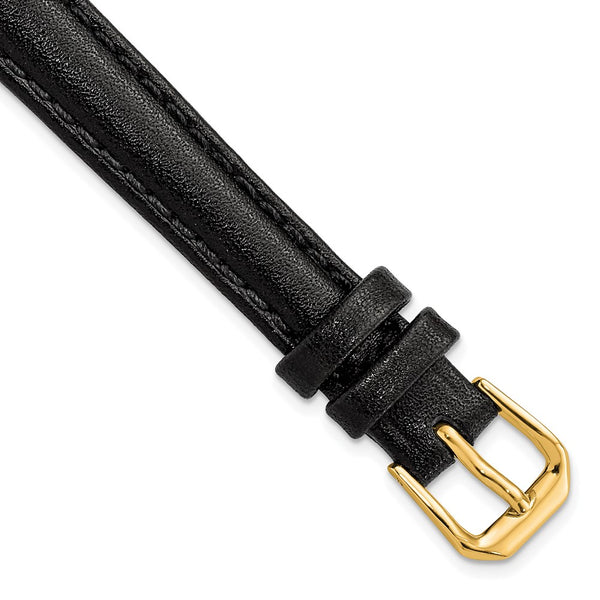 12mm Black Long Smooth Leather Gold-tone Buckle Watch Band