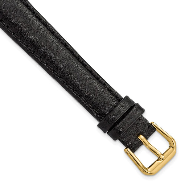 14mm Black Long Smooth Leather Gold-tone Buckle Watch Band