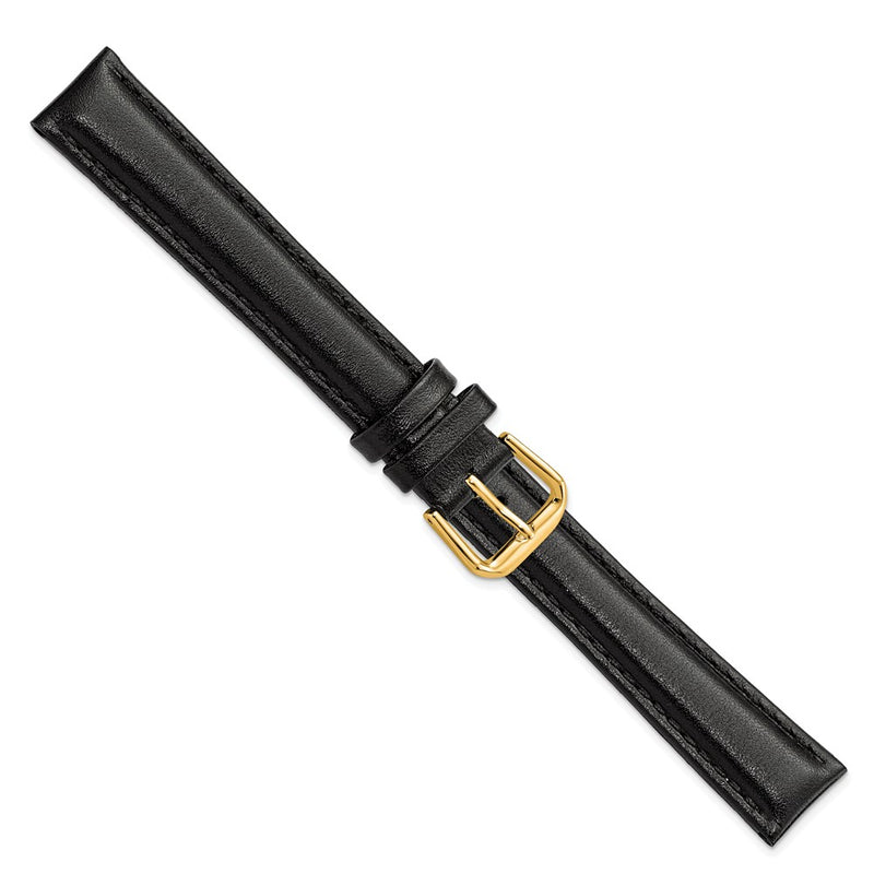 DeBeer 16mm Black Long Smooth Leather with Gold-tone Buckle 8.5 inch Watch Band