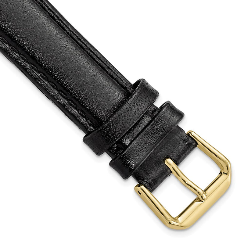 19mm Black Long Smooth Leather Gold-tone Buckle Watch Band