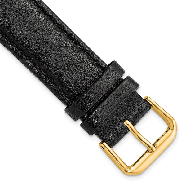 20mm Black Long Smooth Leather Gold-tone Buckle Watch Band