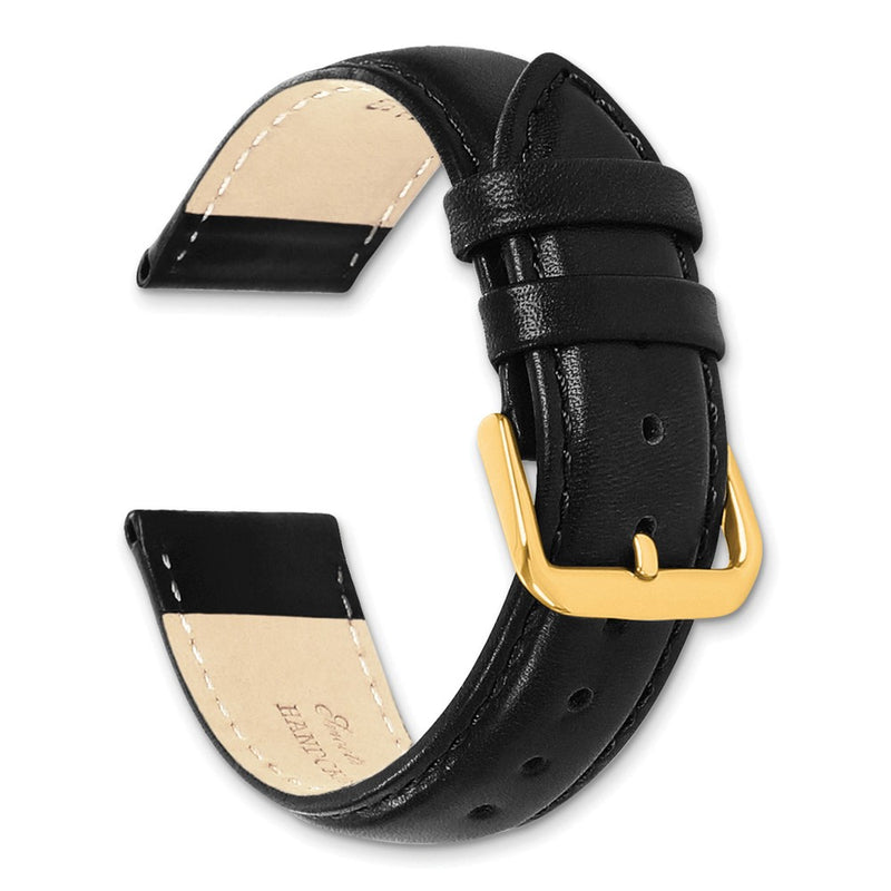 DeBeer 20mm Short Black Smooth Leather with Gold-tone Buckle 6.75 inch Watch Band