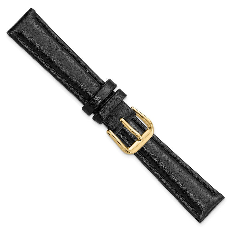 12mm Short Black Smooth Leather Gold-tone Buckle Watch Band