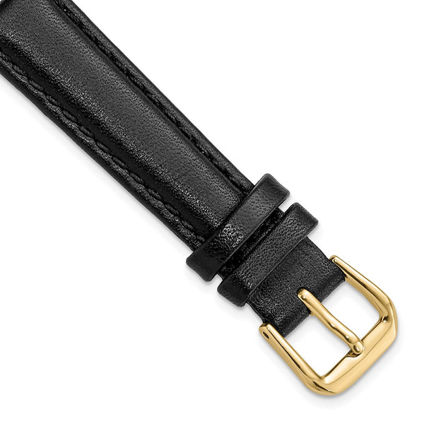 14mm Short Black Smooth Leather Gold-tone Buckle Watch Band