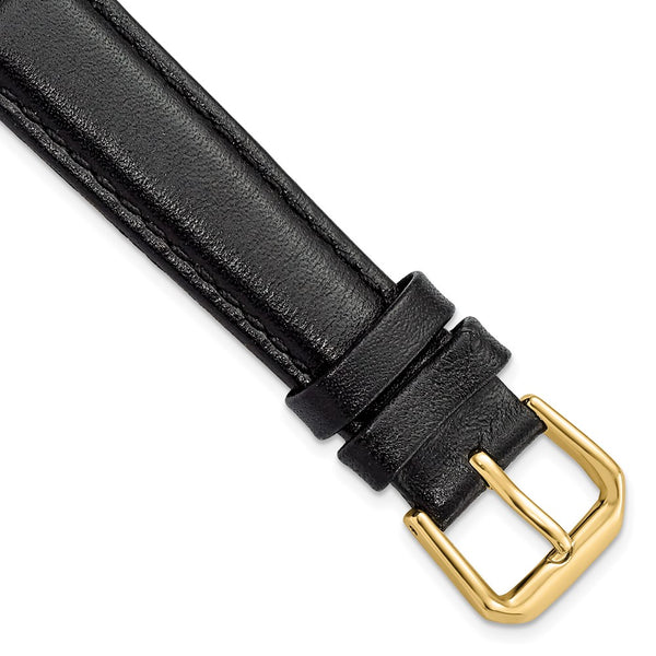 16mm Short Black Smooth Leather Gold-tone Buckle Watch Band