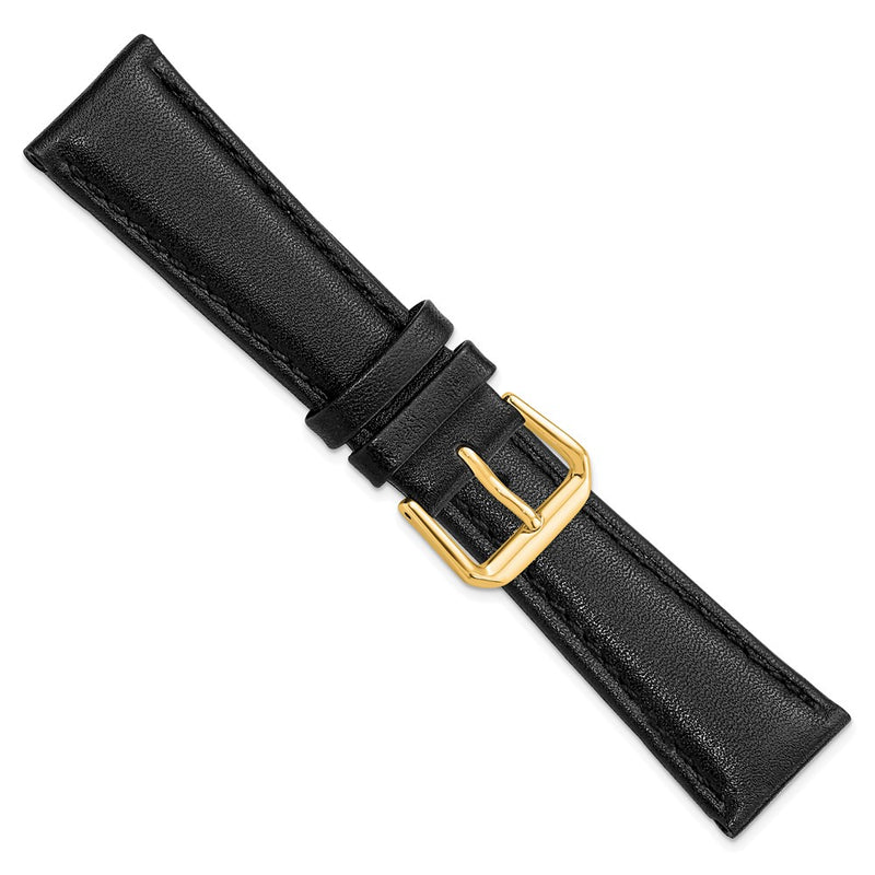 20mm Short Black Smooth Leather Gold-tone Buckle Watch Band