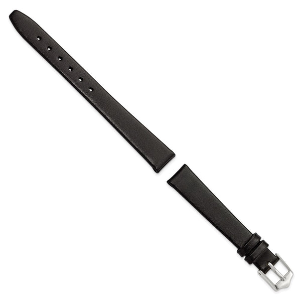 DeBeer 12mm Smooth Flat Black Leather with Silver-tone Buckle 6.75 inch Watch Band