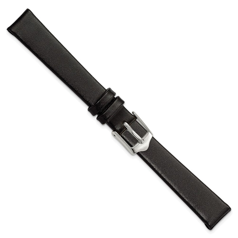 12mm Smooth Flat Black Leather Silver-tone Buckle Watch Band