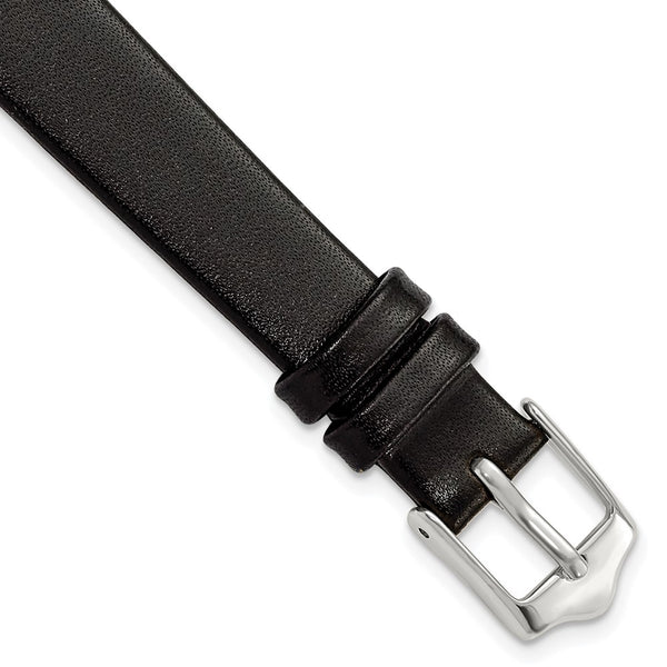 12mm Smooth Flat Black Leather Silver-tone Buckle Watch Band