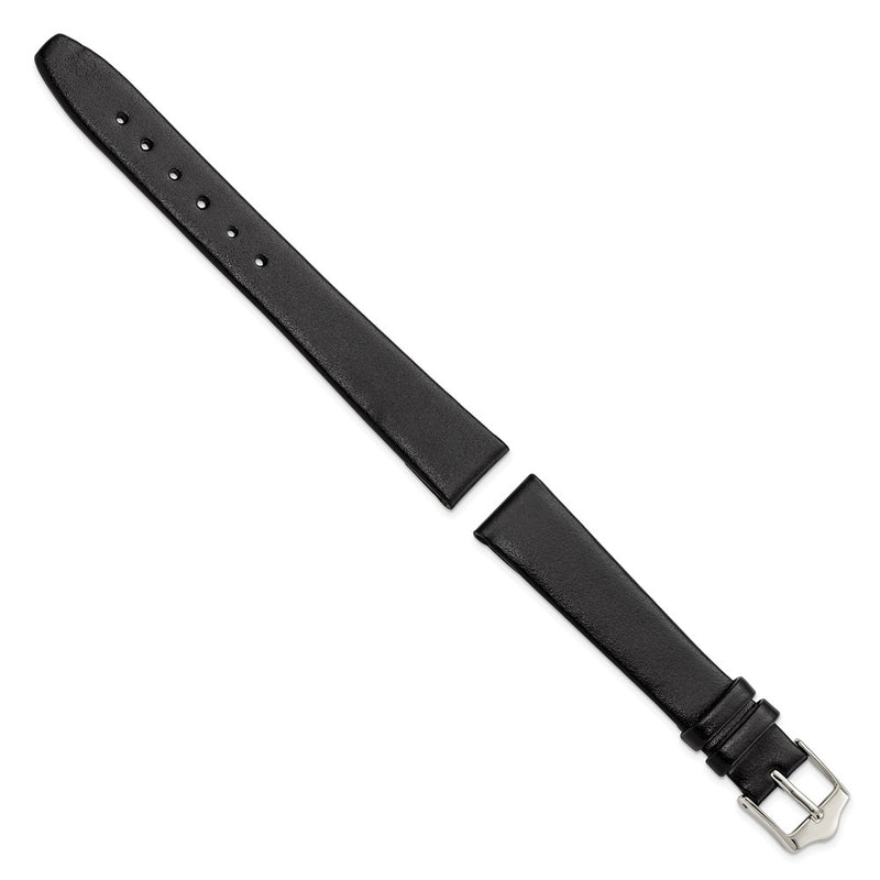 DeBeer 14mm Smooth Flat Black Leather with Silver-tone Buckle 6.75 inch Watch Band