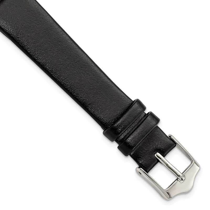 14mm Smooth Flat Black Leather Silver-tone Buckle Watch Band