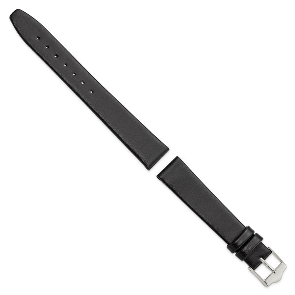 DeBeer 16mm Black Smooth Flat Leather with Silver-tone Buckle 7.5 inch Watch Band