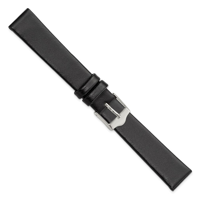 16mm Smooth Flat Black Leather Silver-tone Buckle Watch Band