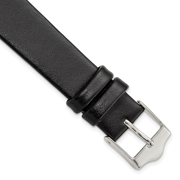 16mm Smooth Flat Black Leather Silver-tone Buckle Watch Band