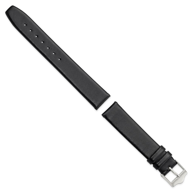 DeBeer 17mm Black Smooth Flat Leather with Silver-tone Buckle 7.5 inch Watch Band
