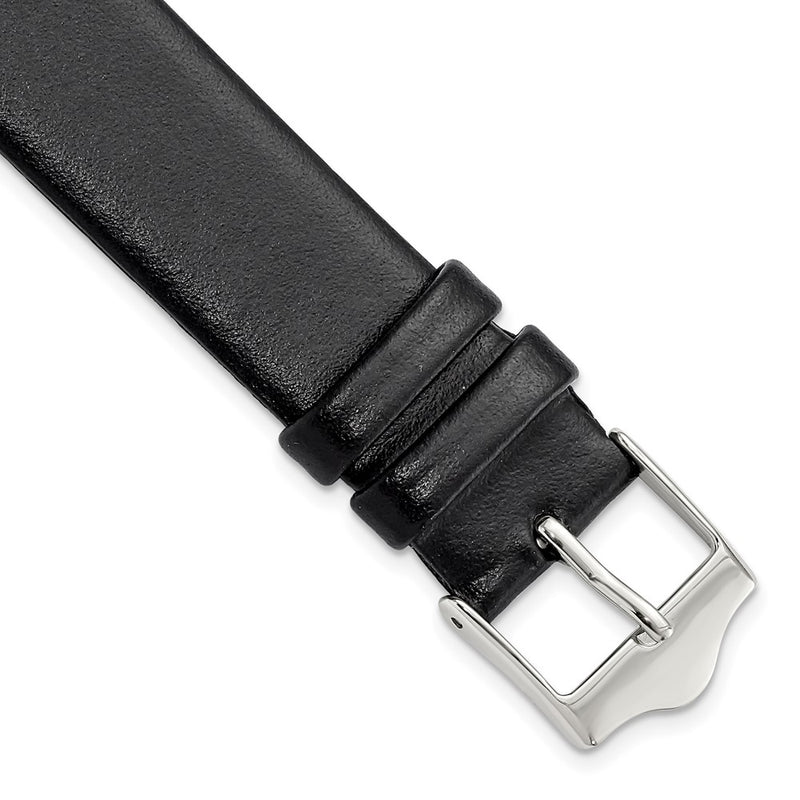 17mm Smooth Flat Black Leather Silver-tone Buckle Watch Band