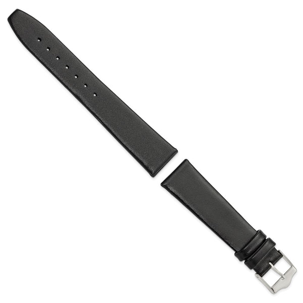 19mm Smooth Flat Black Leather Silver-tone Buckle Watch Band