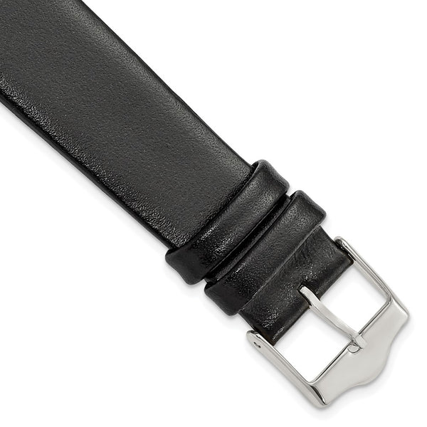 19mm Smooth Flat Black Leather Silver-tone Buckle Watch Band