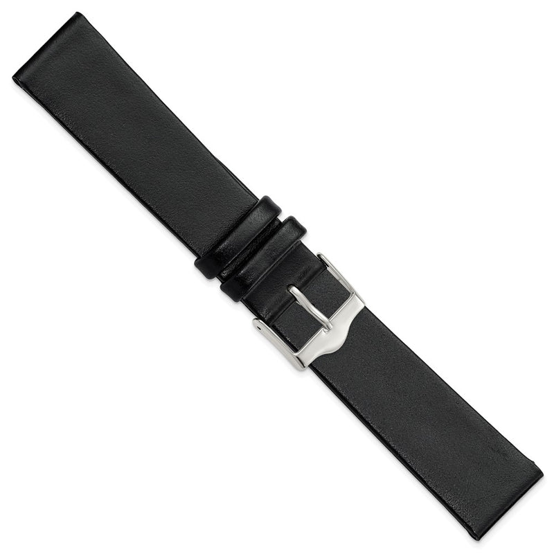 DeBeer 20mm Black Smooth Flat Leather with Silver-tone Buckle 7.75 inch Watch Band