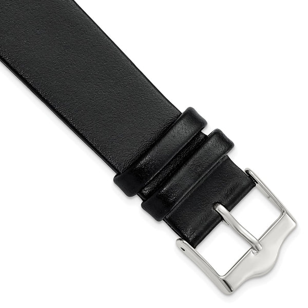 20mm Smooth Flat Black Leather Silver-tone Buckle Watch Band