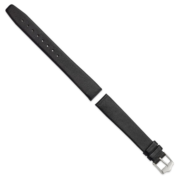 DeBeer 16mm Black Long Smooth Flat Leather with Silver-tone Buckle 8.5 inch Watch Band