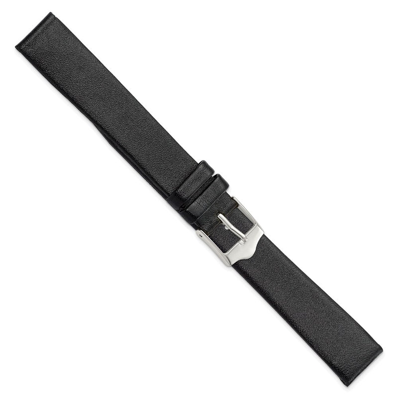 DeBeer 16mm Black Long Smooth Flat Leather with Silver-tone Buckle 8.5 inch Watch Band
