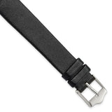 16mm Long Smooth Flat Black Leather Silver-tone Buckle Watch Band