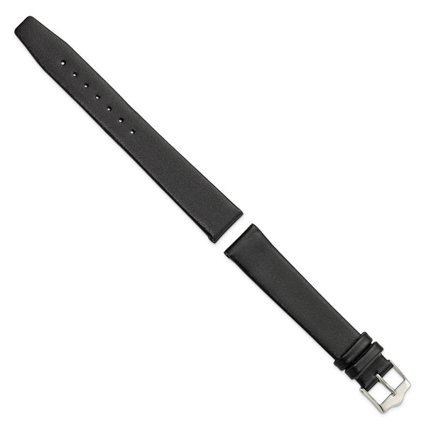 18mm Long Smooth Flat Black Leather Silver-tone Buckle Watch Band