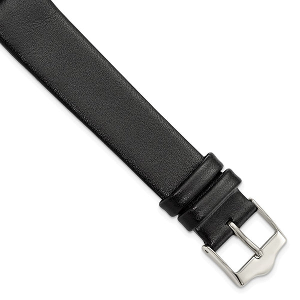 18mm Long Smooth Flat Black Leather Silver-tone Buckle Watch Band