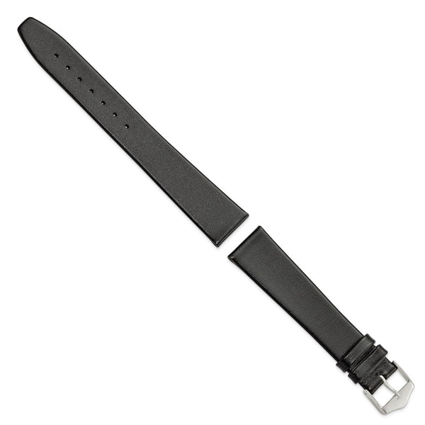 DeBeer 19mm Black Long Smooth Flat Leather with Silver-tone Buckle 8.5 inch Watch Band