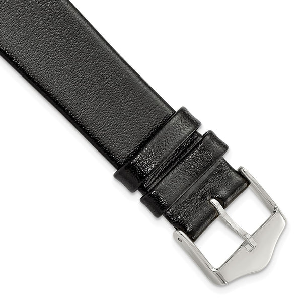 19mm Long Smooth Flat Black Leather Silver-tone Buckle Watch Band