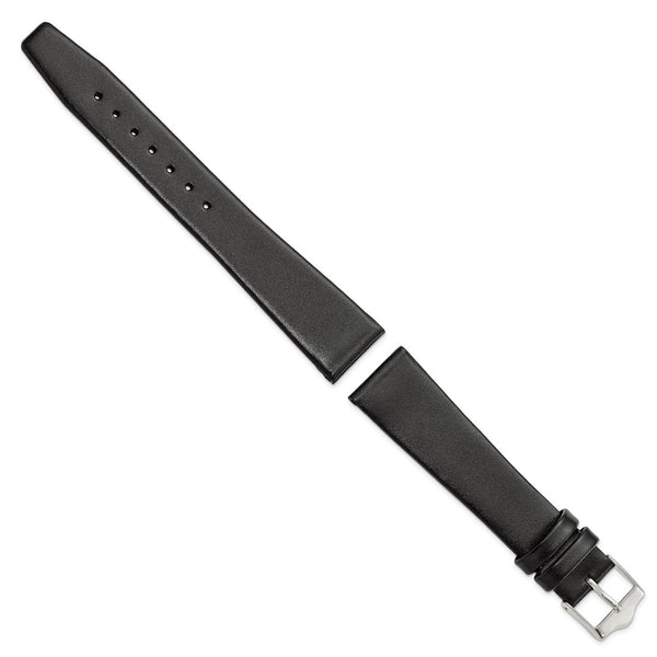 DeBeer 20mm Black Long Smooth Flat Leather with Silver-tone Buckle 8.5 inch Watch Band